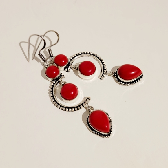 Natural Italian Red Coral 925 Silver Earrings - 3" - Picture 3 of 7